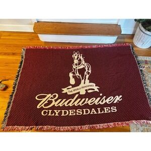 Vintage Budweiser Clydesdale Horse Fringe Tapestry Throw Lap Blanket Knit